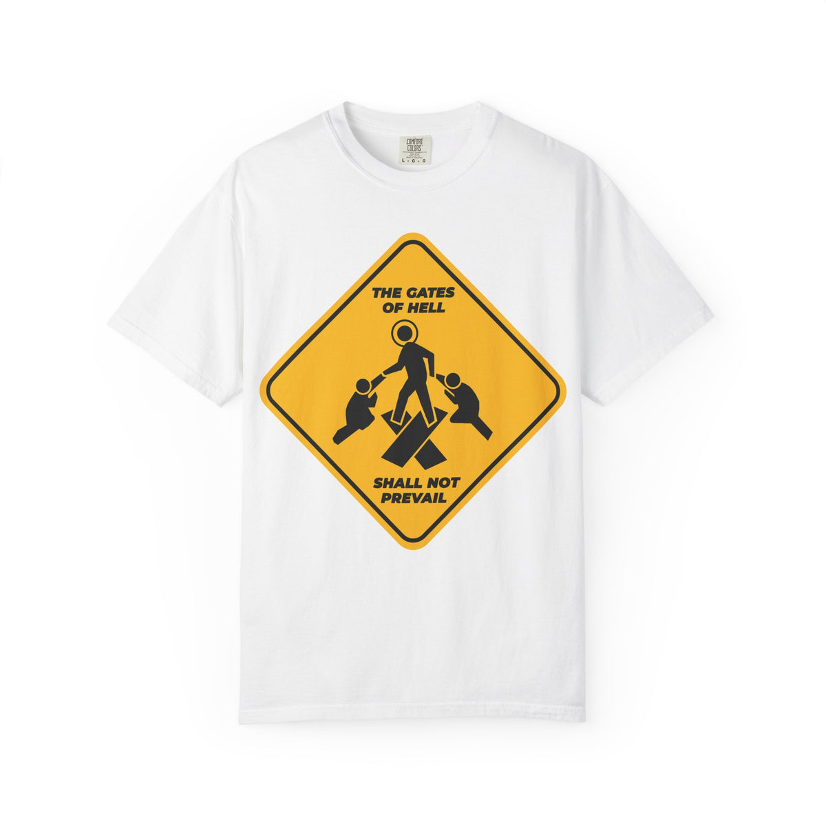 Show your faith boldly with the “Gates of Hell Shall Not Prevail” White Heavyweight Unisex Tee, featuring a minimalist yellow street sign design inspired by Pascha and Isaiah 45:2-3. A powerful reminder that even in darkness, victory is assured through Christ trampling down death by death.