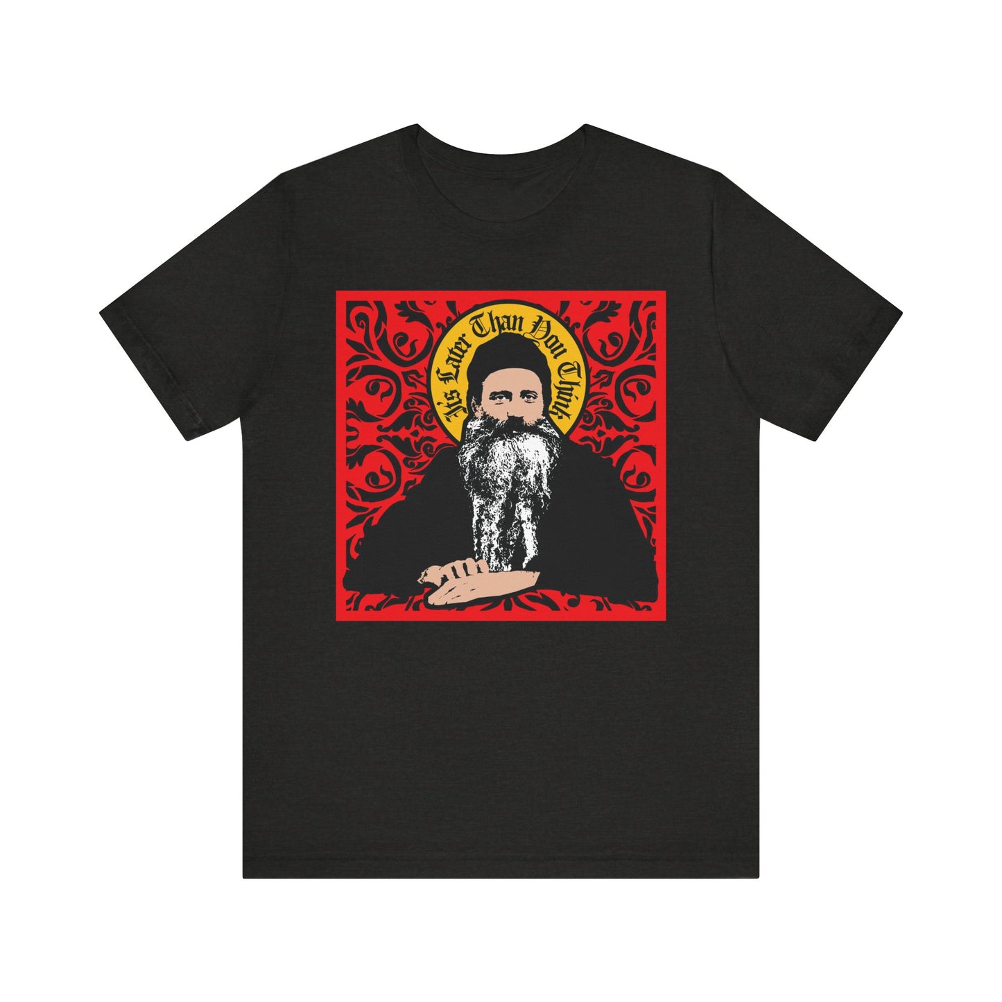 Black Heather unisex tee featuring Saint Seraphim Rose in a red ornate icono-graphic style. Lightweight cotton—perfect for Orthodox Christians and fans of "Orthodoxy and the Religion of the Future.