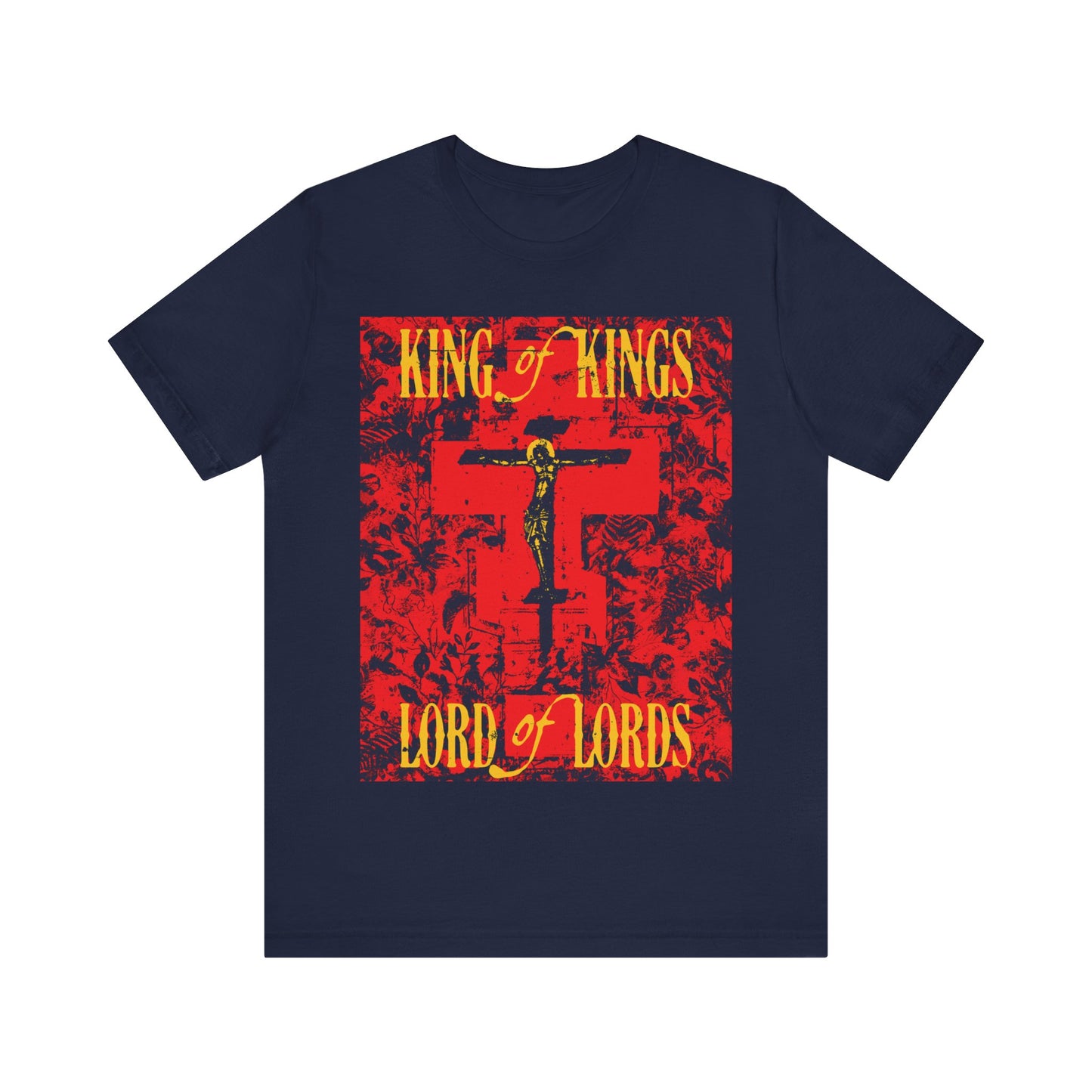 King of Kings, Lord of Lords | Christ Crucified Orthodox Icono-Graphic | Yellow & Red Design | Nature Texture | Lightweight Cotton Unisex T-Shirt