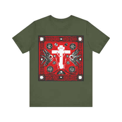 Adoration of Holy Cross IconoGraphic | Striking Red, White, & Black Russian Cross Design w/ Angels  | Orthodox Christian T-Shirt