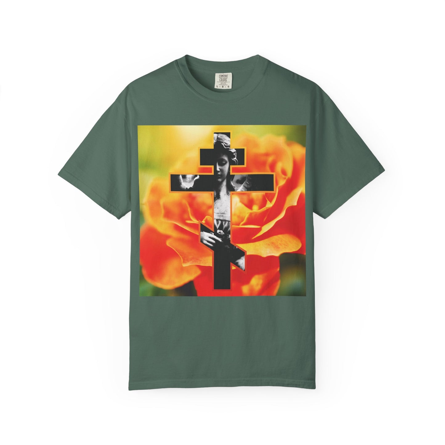 Blue Spruce cotton tee featuring a cemetery statue angel cross with an orange rose background, inspired by Orthodox Christian tradition and the message “Remember You Will Die” (Memento Mori), reflecting St Paul’s words from Galatians 6:14.