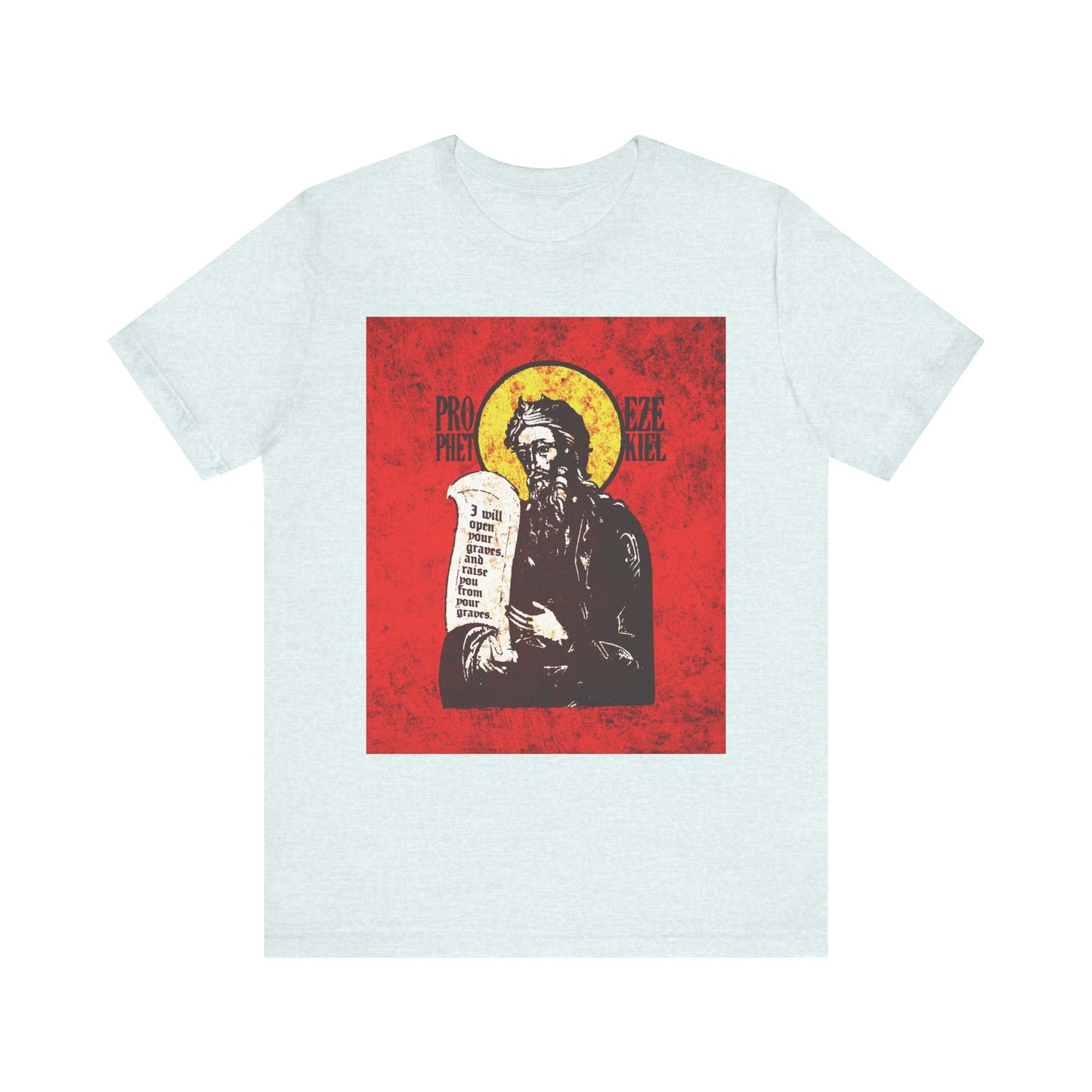 Heather ice blue T-shirt featuring a high-contrast, textured graphic of Prophet Ezekiel holding a scroll with a yellow halo and bold red accents—capturing the Old Testament moment of the Spirit of the Lord breathing life into dry bones.
