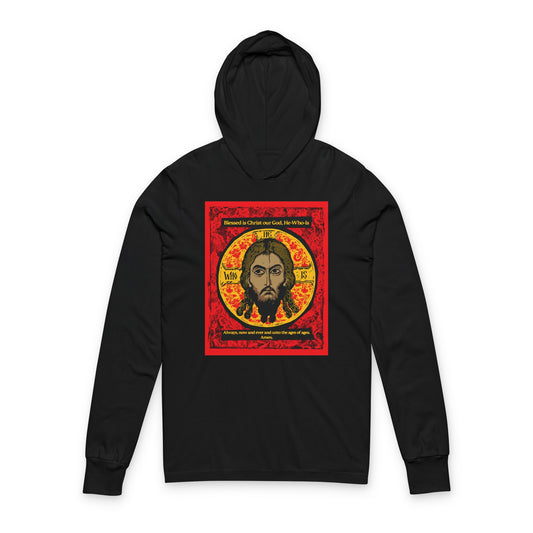 The Remembrance of Death "Made Without Hands (Mandylion/Image of Edessa)" Orthodox hooded shirt features a bold black design with a colorful Jesus Christ icon graphic against a red, black, and yellow background inspired by Orthodox tradition.