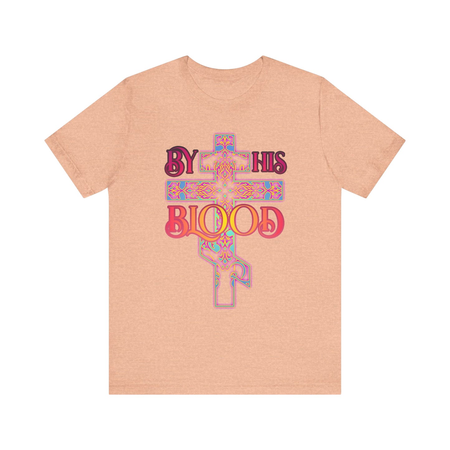 The By His Blood unisex tee in heather peach features a glowing ornate Orthodox cross in an 80s color scheme and "By His Blood" text on the front, symbolizing eternal redemption. Made from lightweight cotton for comfort.