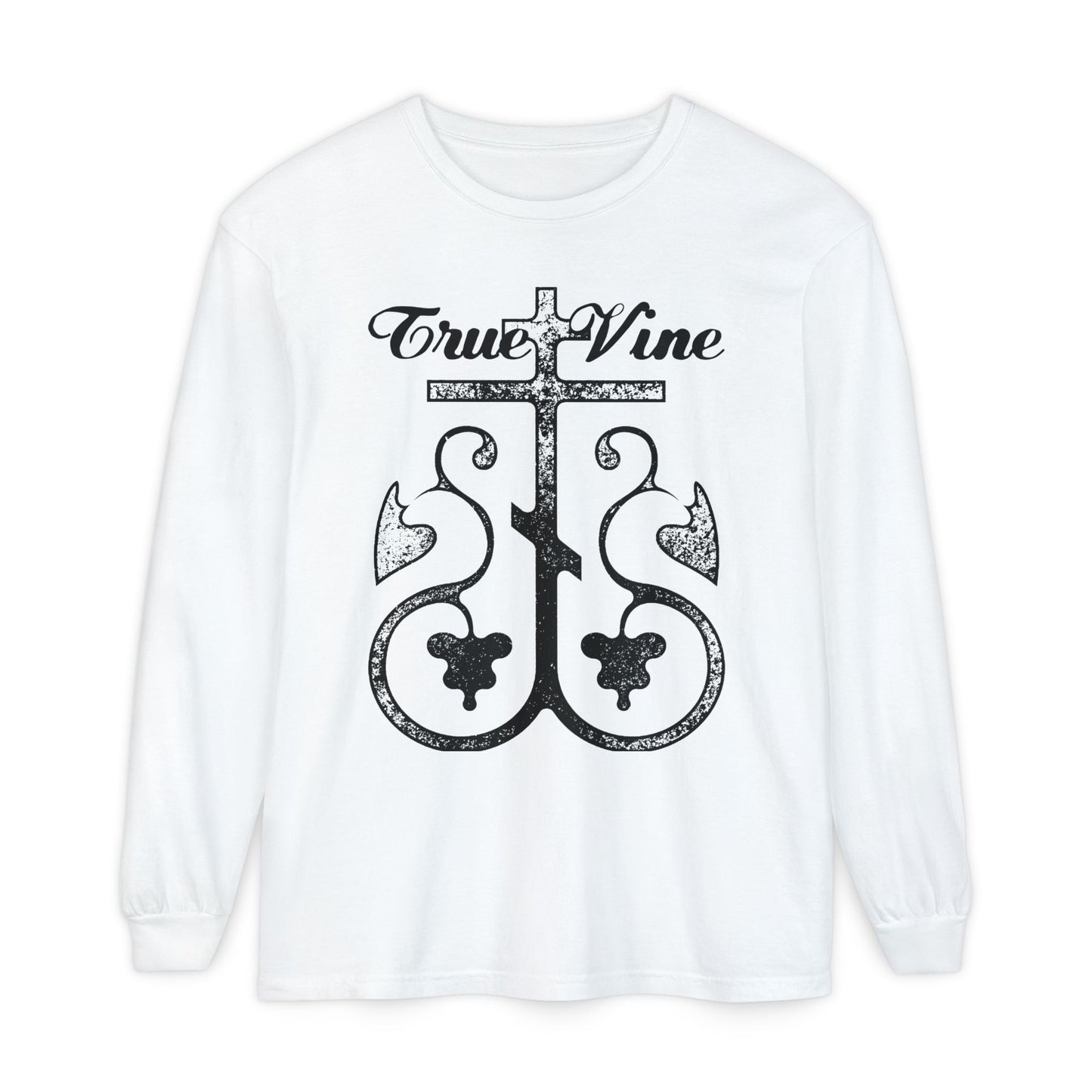 I Am the True Vine (John 15, Ezekiel 15) | Orthodox Cross with Grape Vine | Photocopy Effect | Orthodox Long Sleeve Cotton Shirt