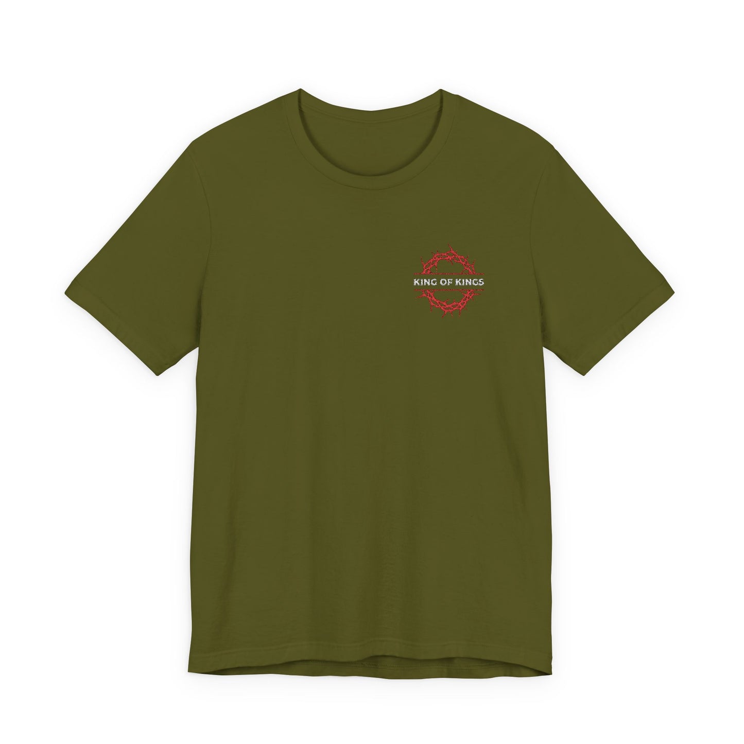 Olive unisex embroidered tee: "King of Kings Crown of Thorns | The King of Glory | Christ is King | Revelation 19:16." Features a red crown of thorns graphic inspired by Revelation 19:11-16 on the left chest. Orthodox Christian cotton shirt.