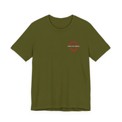 Olive unisex embroidered tee: "King of Kings Crown of Thorns | The King of Glory | Christ is King | Revelation 19:16." Features a red crown of thorns graphic inspired by Revelation 19:11-16 on the left chest. Orthodox Christian cotton shirt.