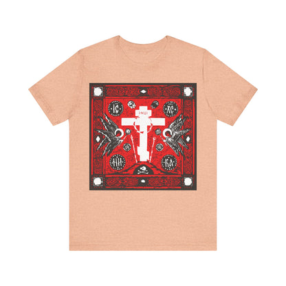 Adoration of Holy Cross IconoGraphic | Striking Red, White, & Black Russian Cross Design w/ Angels  | Orthodox Christian T-Shirt