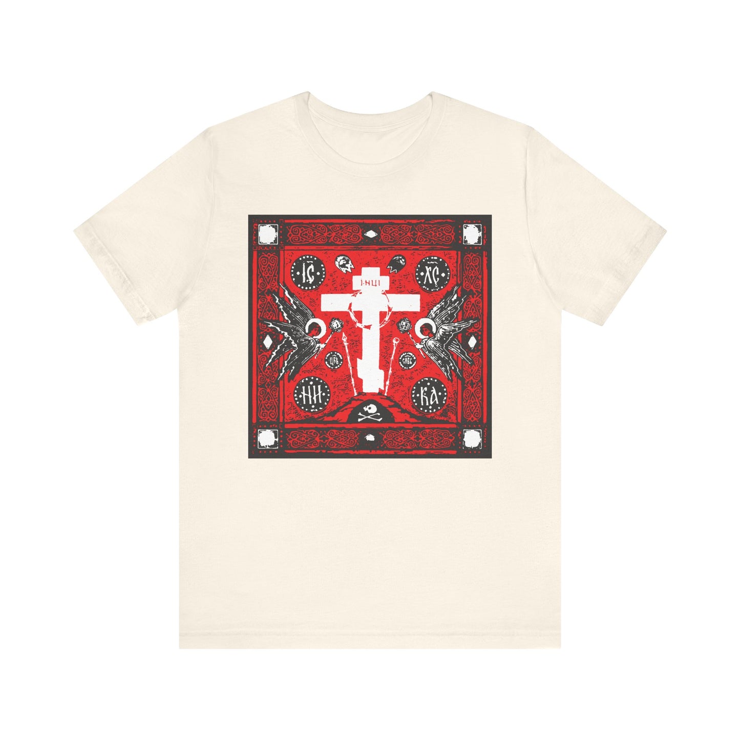 Natural cotton unisex t-shirt featuring the Adoration of Holy Cross IconoGraphic—striking red, white, and black Russian cross design with angels—lightweight and inspired by traditional iconography.