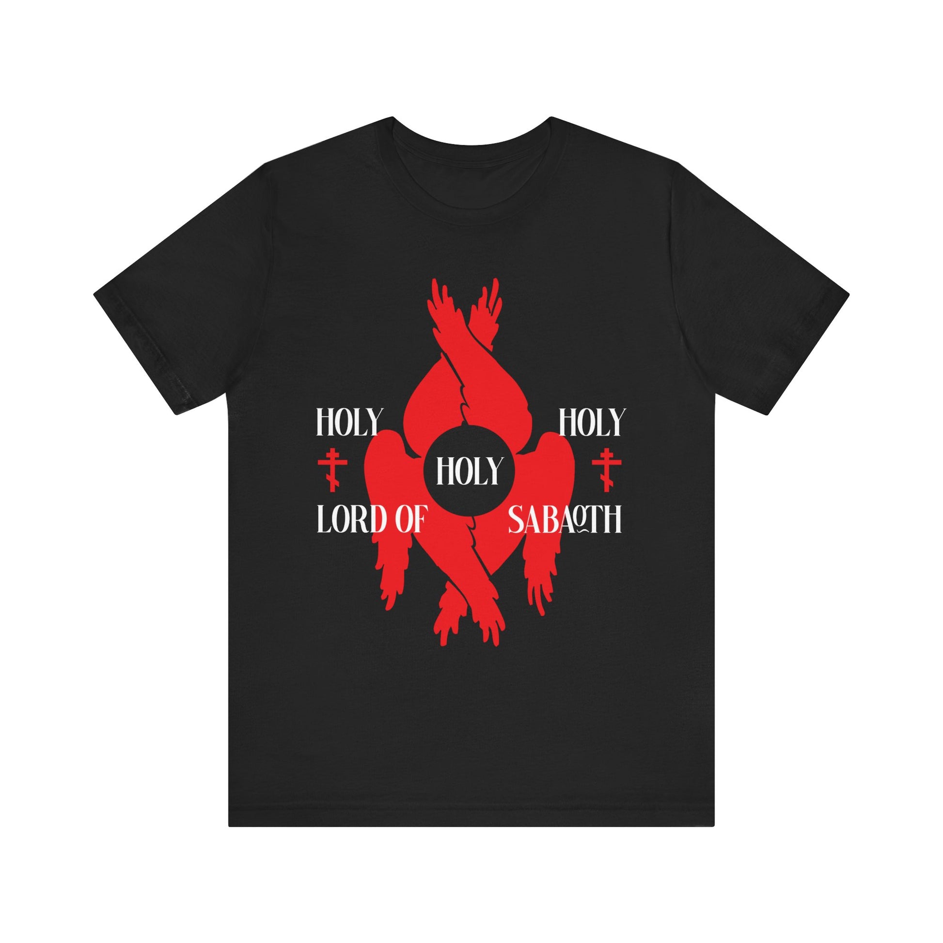 Black “Holy Holy Holy Lord of Sabaoth” t-shirt with red seraphim wings, Orthodox crosses, and Isaiah 6:3 design in bold white text. Lightweight cotton, unisex fit.