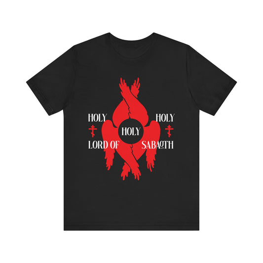 Black “Holy Holy Holy Lord of Sabaoth” t-shirt with red seraphim wings, Orthodox crosses, and Isaiah 6:3 design in bold white text. Lightweight cotton, unisex fit.