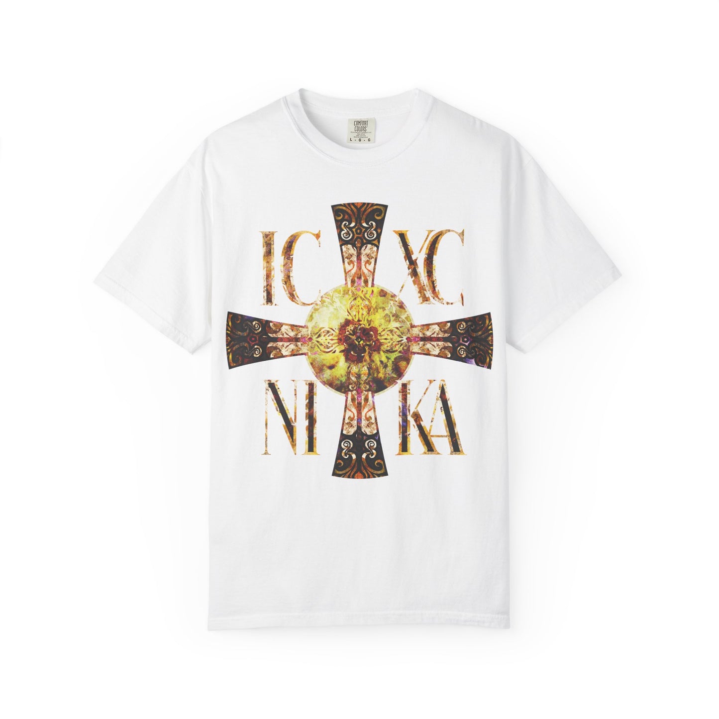 White "ICXC NIKA Celtic Style Equal Armed Cross" tee featuring a bright solar-textured cross and the iconic letters IC XC NI KA on the front—a luminous Orthodox design inspired by the everlasting radiance of the sun.
