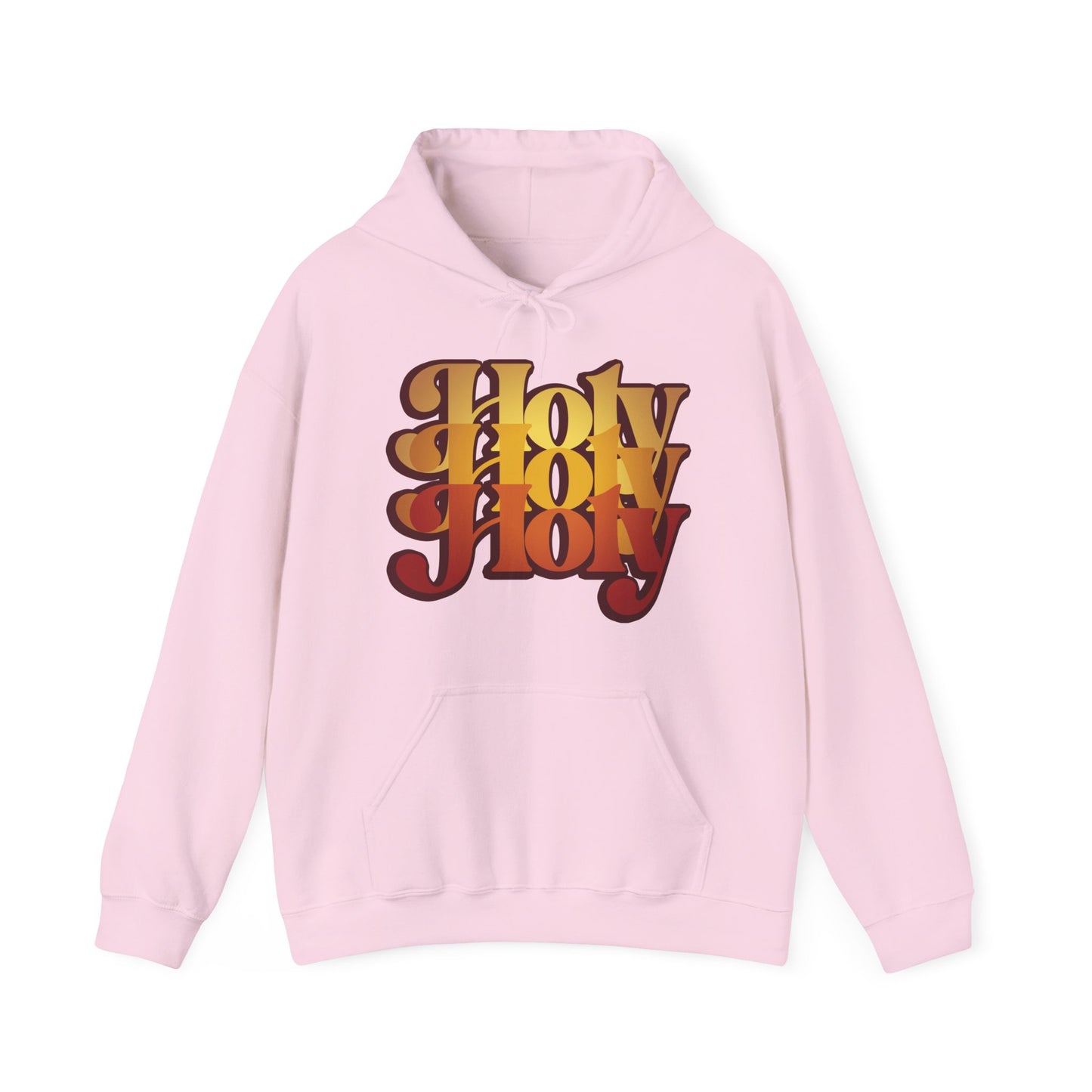 Light pink "Holy Holy Holy Trisagion Liturgical Prayer" hoodie with bold 70s-style text inspired by Isaiah 6 and Orthodox Christian prayer—featuring retro yellow, orange, and red lettering on the front.
