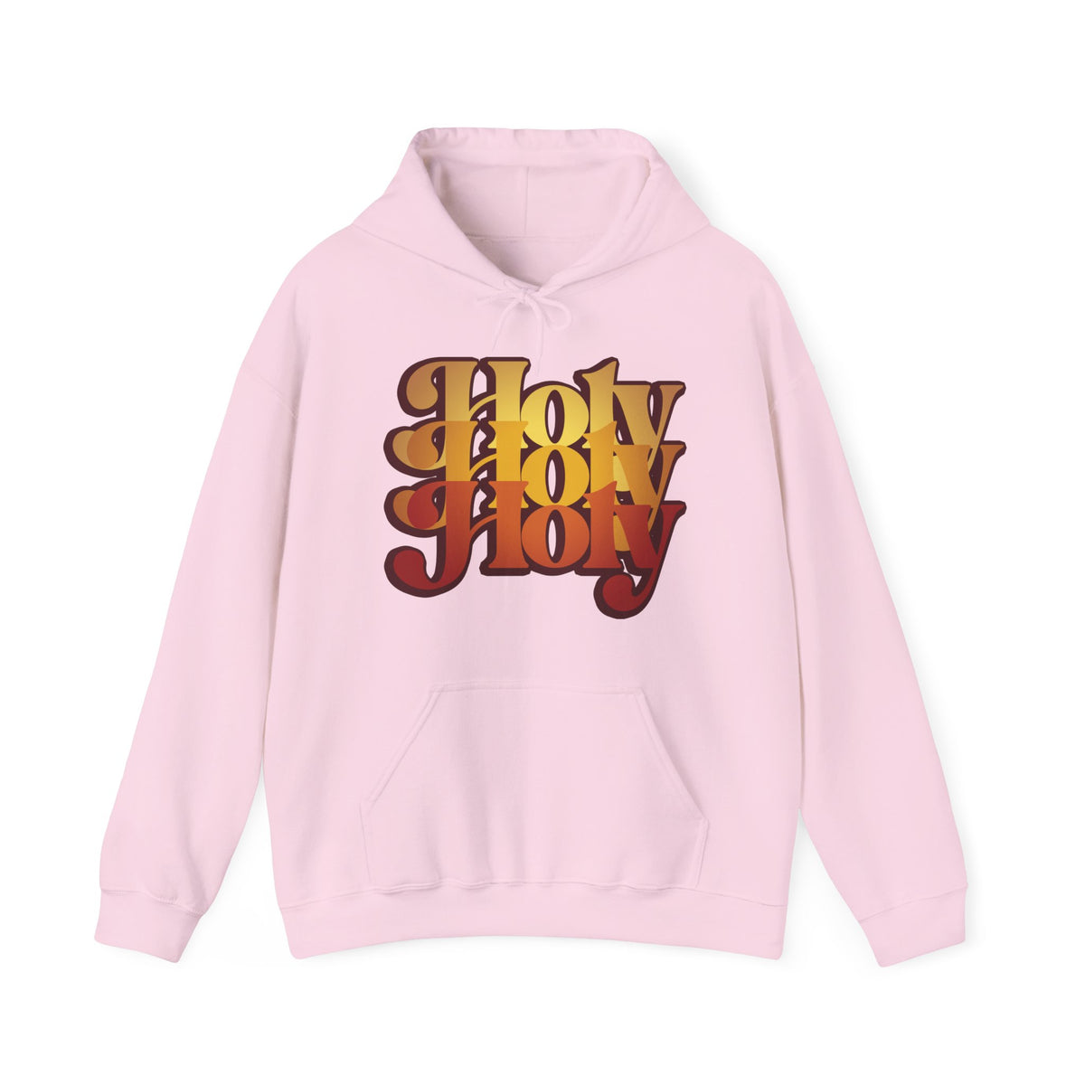 Light pink "Holy Holy Holy Trisagion Liturgical Prayer" hoodie with bold 70s-style text inspired by Isaiah 6 and Orthodox Christian prayer—featuring retro yellow, orange, and red lettering on the front.