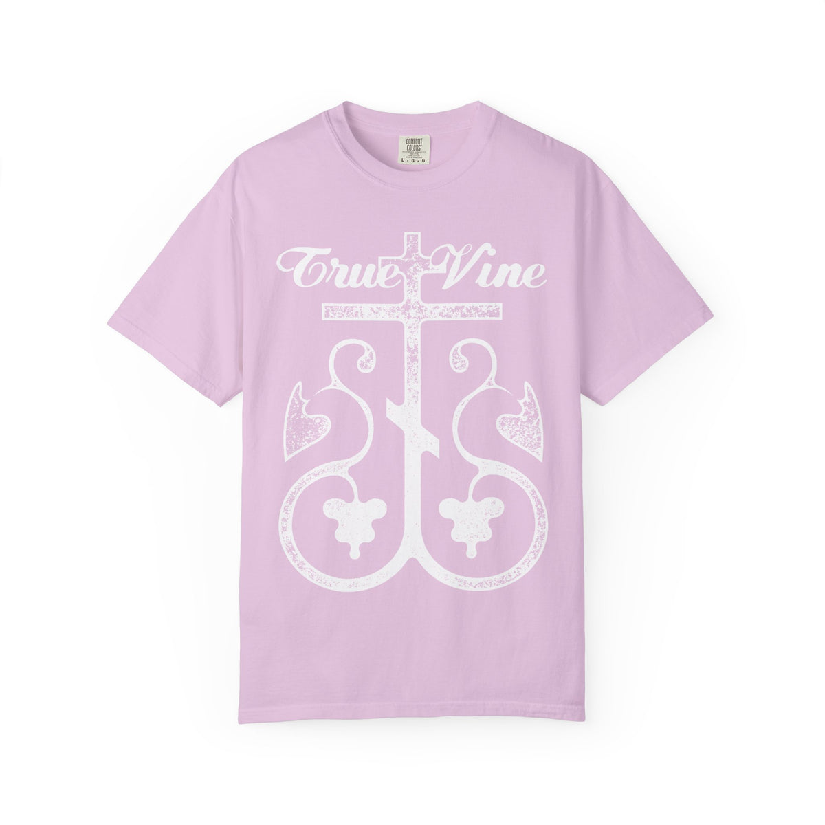 Orchid-colored heavyweight cotton unisex t-shirt featuring a white Orthodox cross and grape vine graphic with “I Am the True Vine” text on the front, inspired by John 15 and Ezekiel 15, designed with a photocopy effect.