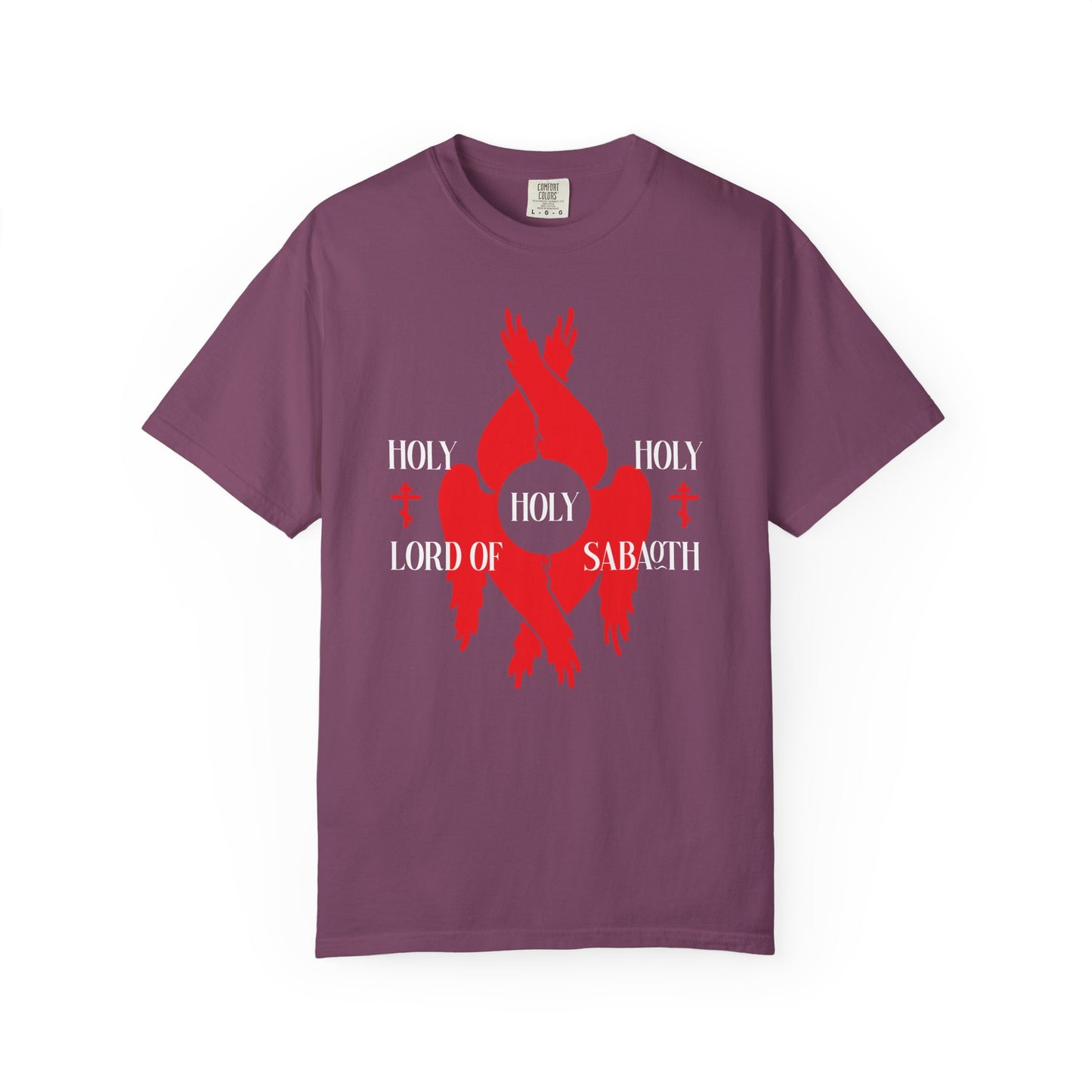 Berry unisex tee with red seraphim wings, Orthodox crosses, and white "HOLY HOLY HOLY LORD OF SABAOTH" text from Isaiah 6:3. Inspired by the Divine Council hymn in the Liturgy of St John Chrysostom. Heavyweight cotton.