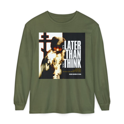 Hemp long-sleeve shirt featuring Fr Seraphim Rose’s photo with modern cinematic typography: “It’s Later Than You Think”—an Orthodox Christian design inspired by his way of life.