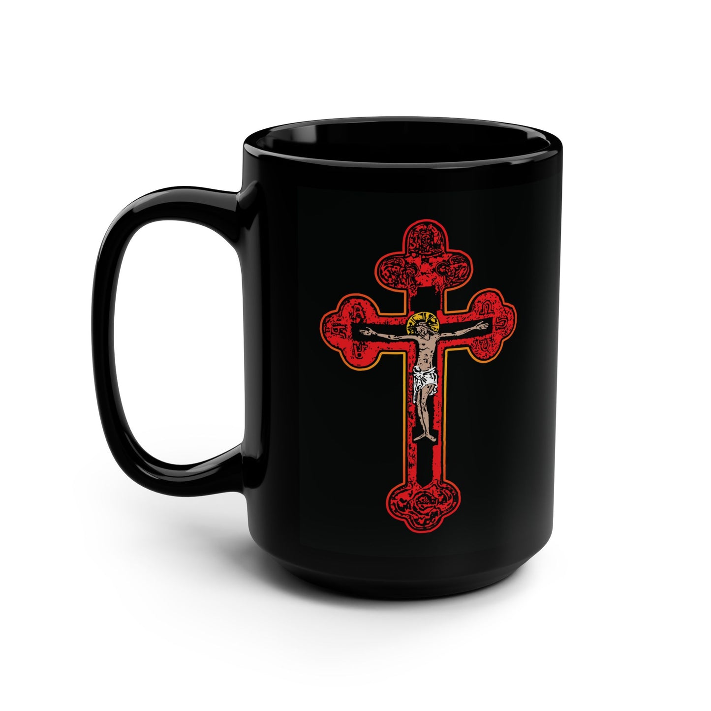 The Red Orthodox Christian Crucifix black mug features a Byzantine Golgotha Cross with Alpha & Omega and "I Am Crucified With Christ"—a powerful Orthodox faith reminder.