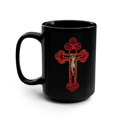 The Red Orthodox Christian Crucifix black mug features a Byzantine Golgotha Cross with Alpha & Omega and "I Am Crucified With Christ"—a powerful Orthodox faith reminder.