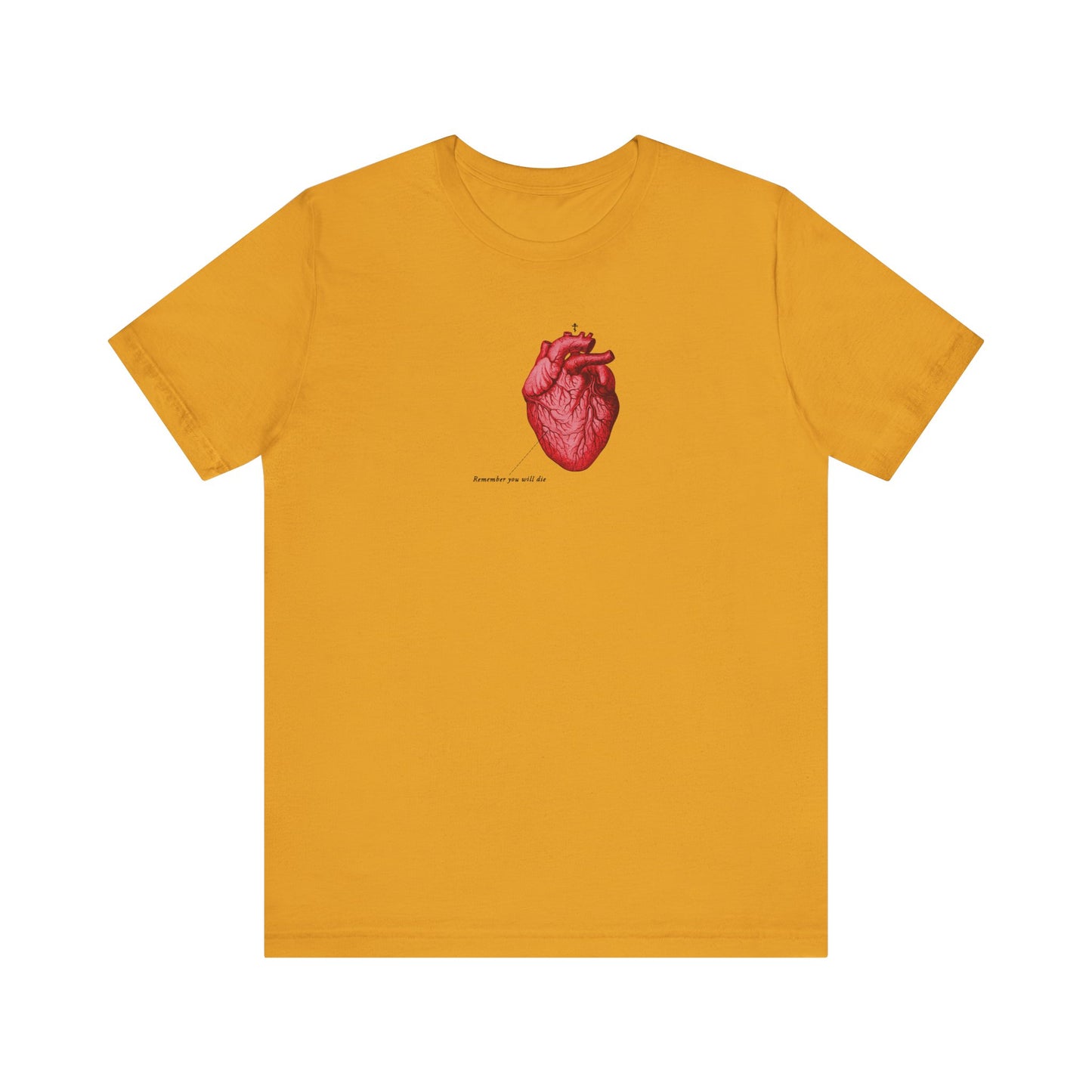 Mustard unisex tee featuring a retro medical heart illustration, Orthodox cross, and "Remember You Will Die" Memento Mori text—lightweight cotton inspired by repentance and Tone 4 Tuesday Vespers themes.