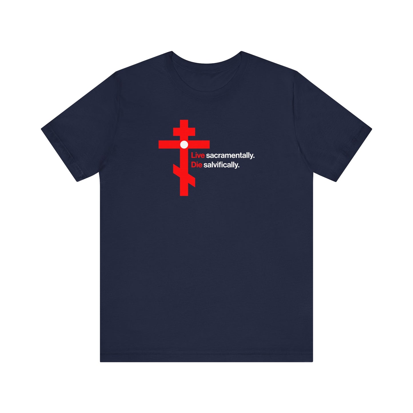 Navy "Live Sacramentally, Die Salvifically" unisex tee features a red Orthodox cross in a white circle and "Remember You Will Die | Memento Mori"—a nod to repentance inspired by St. John Climacus. Lightweight cotton.