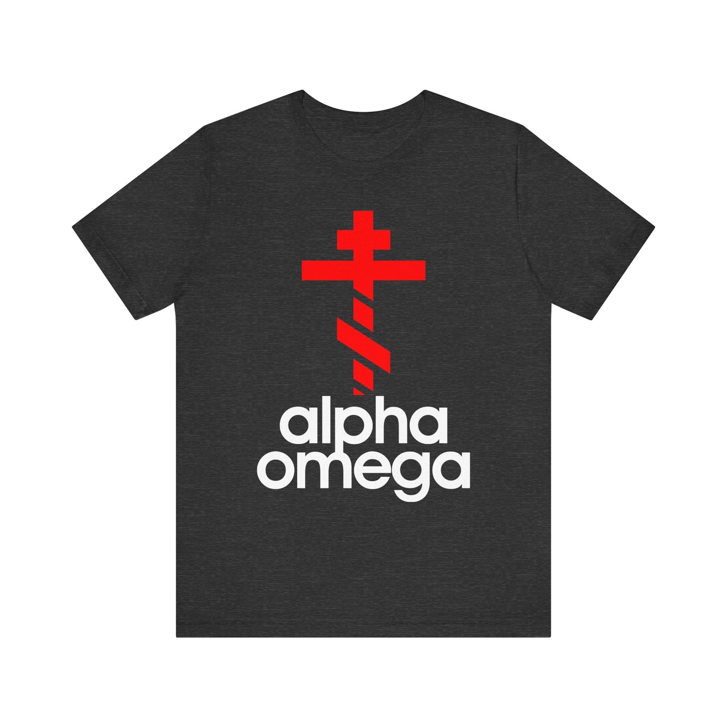 Dark Grey Heather unisex tee featuring a large red Orthodox cross and bold white "Alpha & Omega" text in a minimalist adidas-inspired design, symbolizing Christian devotion. Lightweight cotton for comfort.