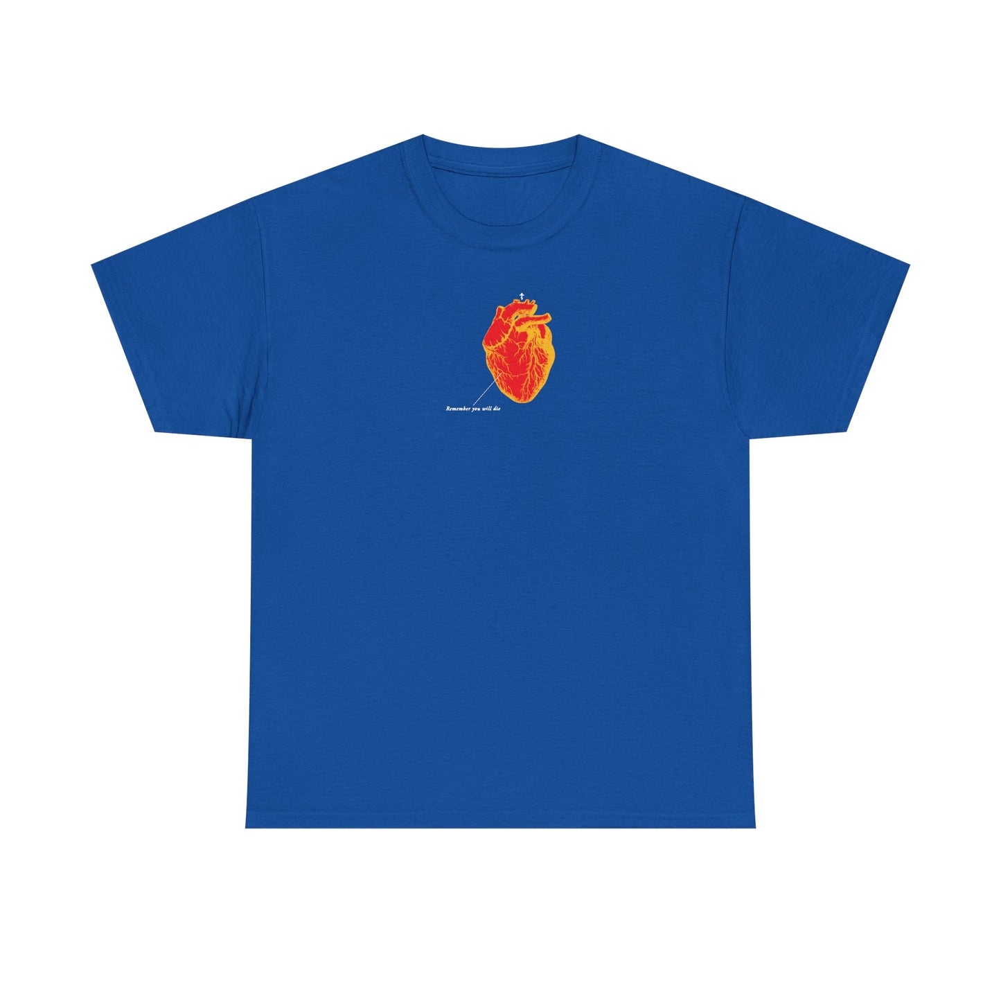Royal T-shirt featuring an antique red and orange anatomical heart graphic with small white text, inspired by memento mori and Christian themes—Remember You Will Die | Midweight cotton unisex tee.
