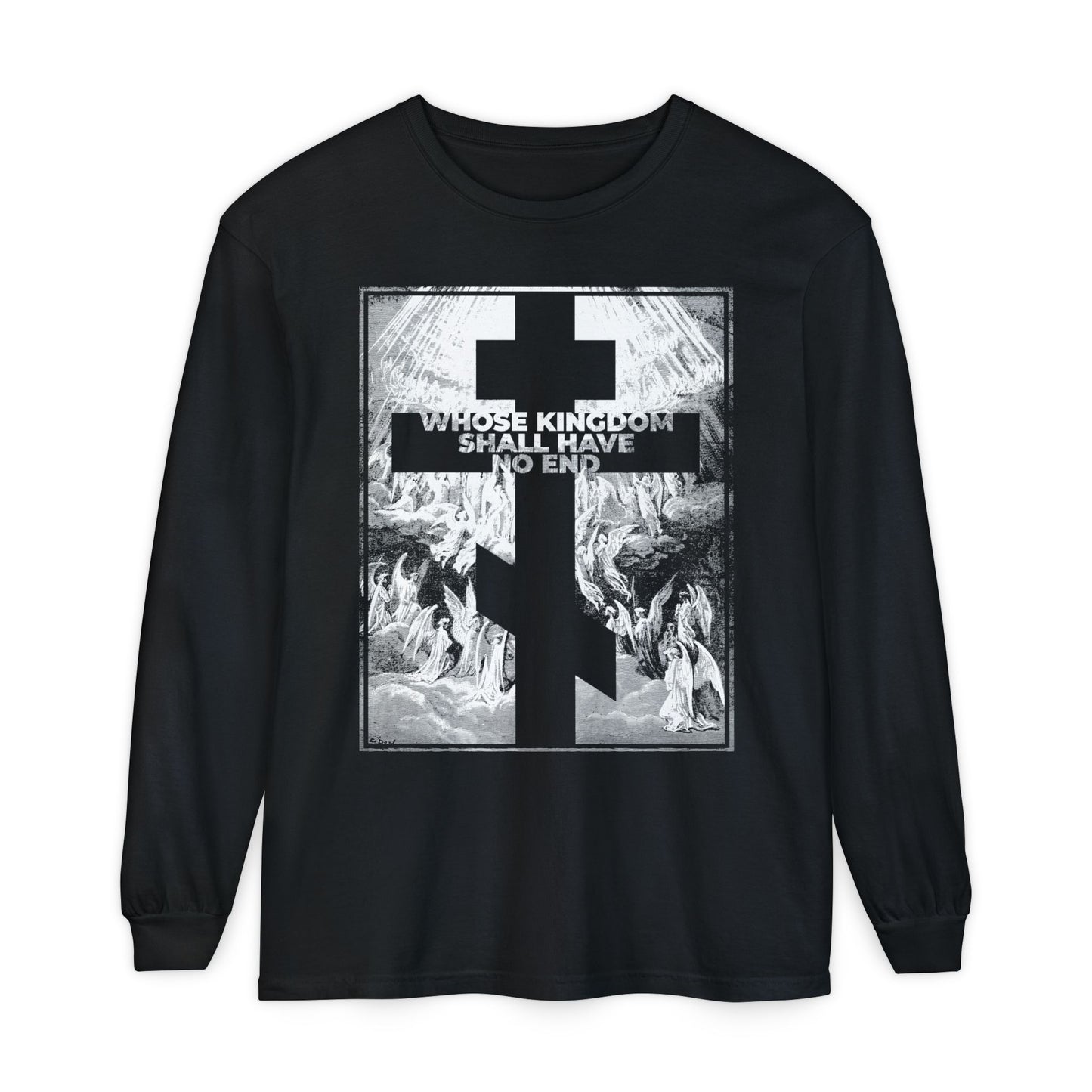 Black Orthodox long sleeve featuring Gustave Dore's Revelation etching and "Whose Kingdom Shall Have No End" from the Nicene Creed—celebrating faith, inspired by the Apocalypse.