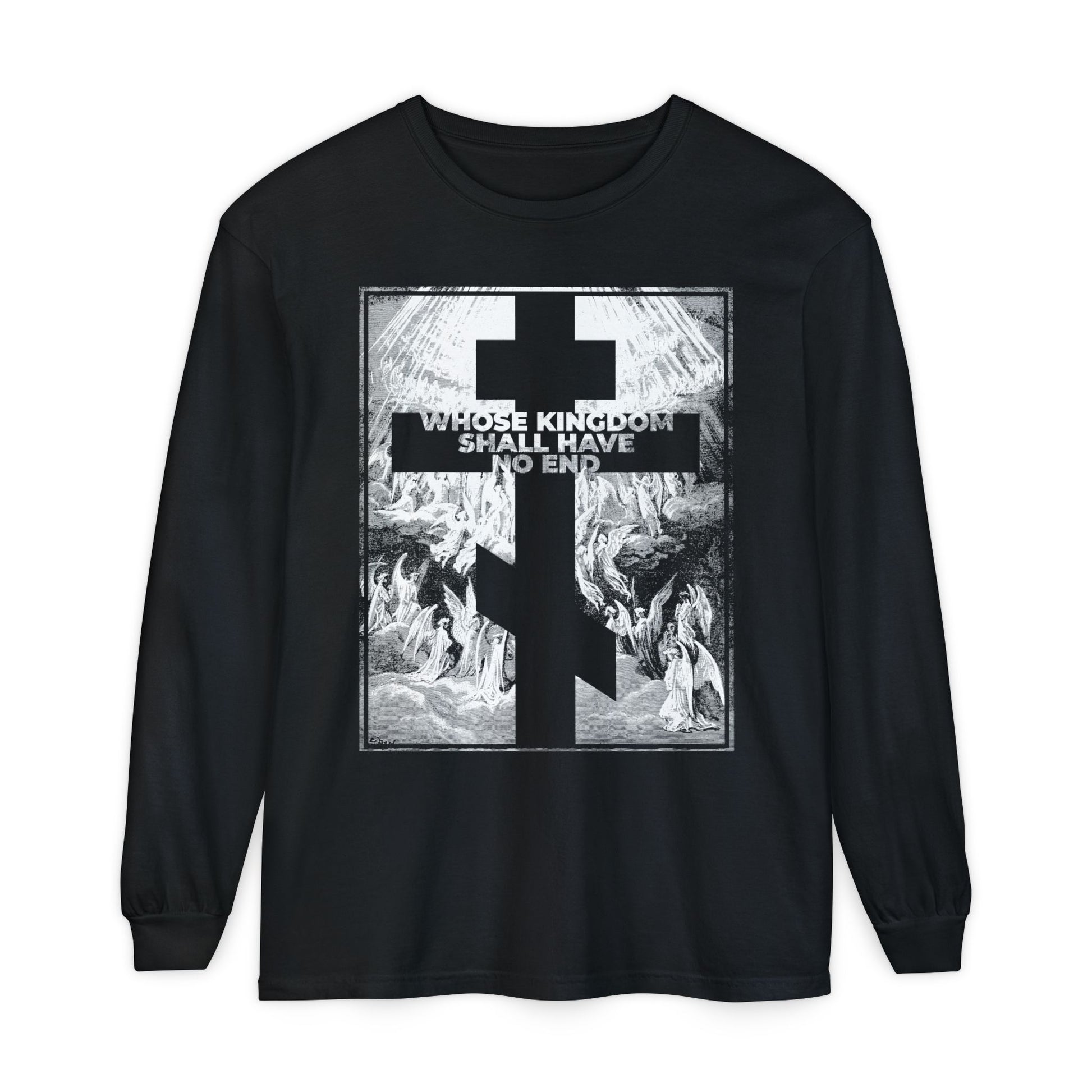 Black Orthodox long sleeve featuring Gustave Dore's Revelation etching and "Whose Kingdom Shall Have No End" from the Nicene Creed—celebrating faith, inspired by the Apocalypse.