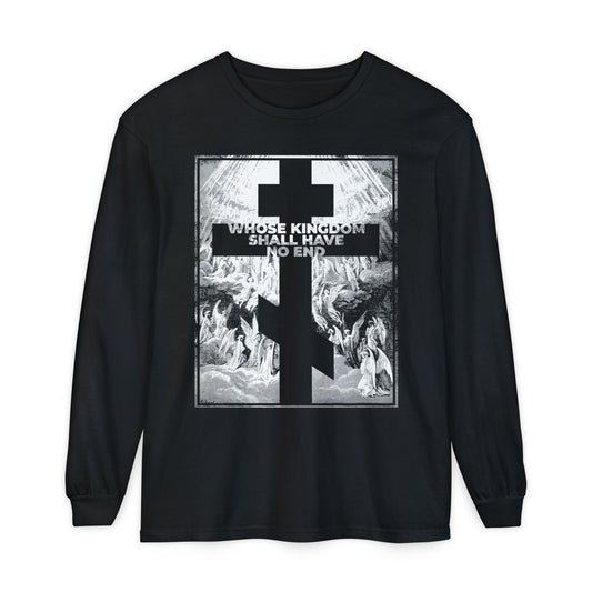 Black Orthodox long sleeve featuring Gustave Dore's Revelation etching and "Whose Kingdom Shall Have No End" from the Nicene Creed—celebrating faith, inspired by the Apocalypse.