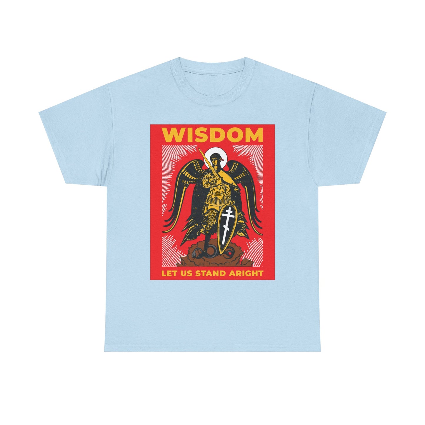 Light blue unisex tee featuring Archangel Michael the Warrior with shield and sword, Russian illustration, and “WISDOM LET US STAND ARIGHT” text. Inspired by Revelation 12 and the heavenly war. Orthodox midweight cotton shirt.