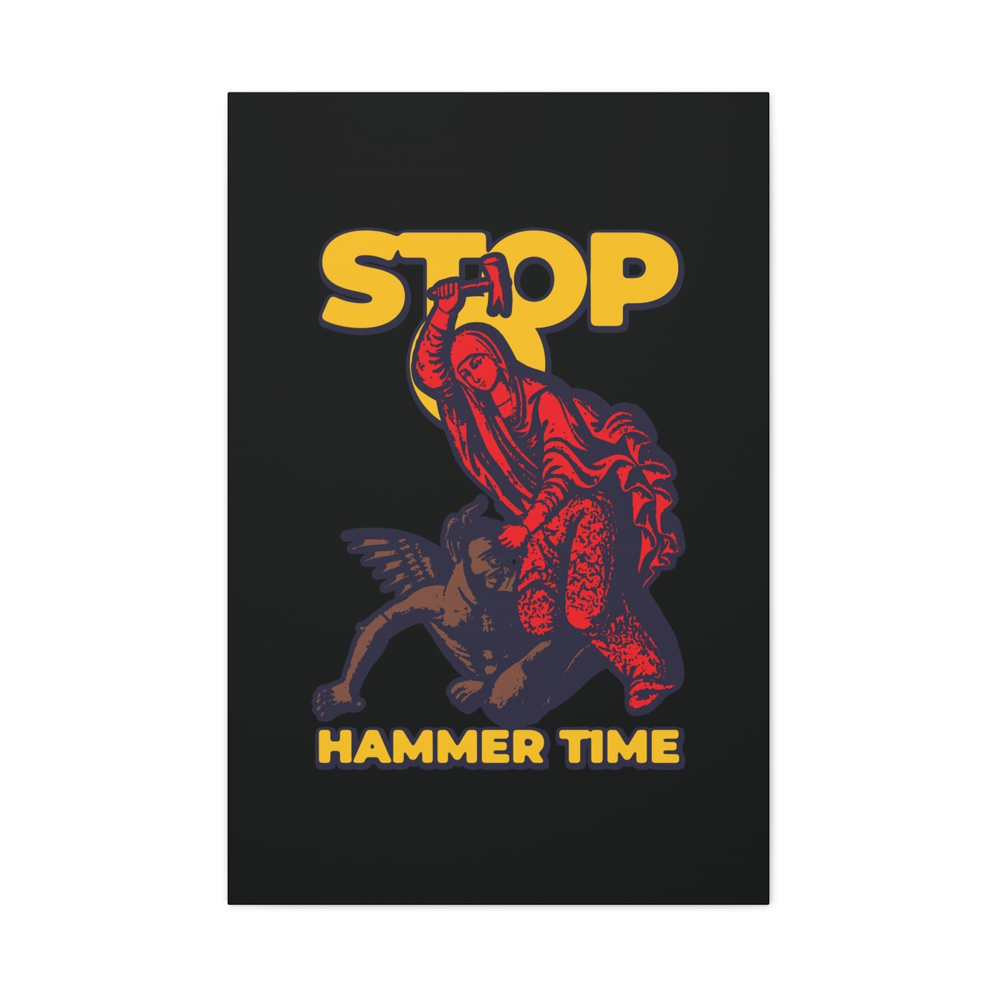 The "St Marina of Antioch Beating the Devil with a Hammer | Stop, Hammer Time" modern Orthodox meme features vivid red, blue, and yellow wall art showing St. Marina riding a winged creature with the text STOP HAMMER TIME.