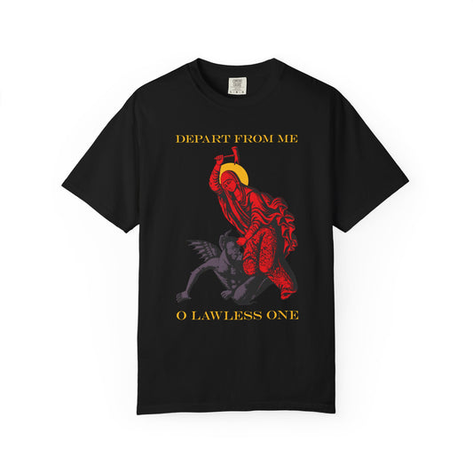 Black heavyweight cotton unisex t-shirt featuring the St Marina IconoGraphic: Saint beating the devil with a hammer and the text "DEPART FROM ME O LAWLESS ONE.