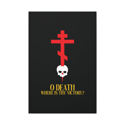O Death Where is Thy Victory? (1 Corinthians 15:55) | Cross Stabbing Skull | Yellow Text | Orthodox Christian Canvas Art