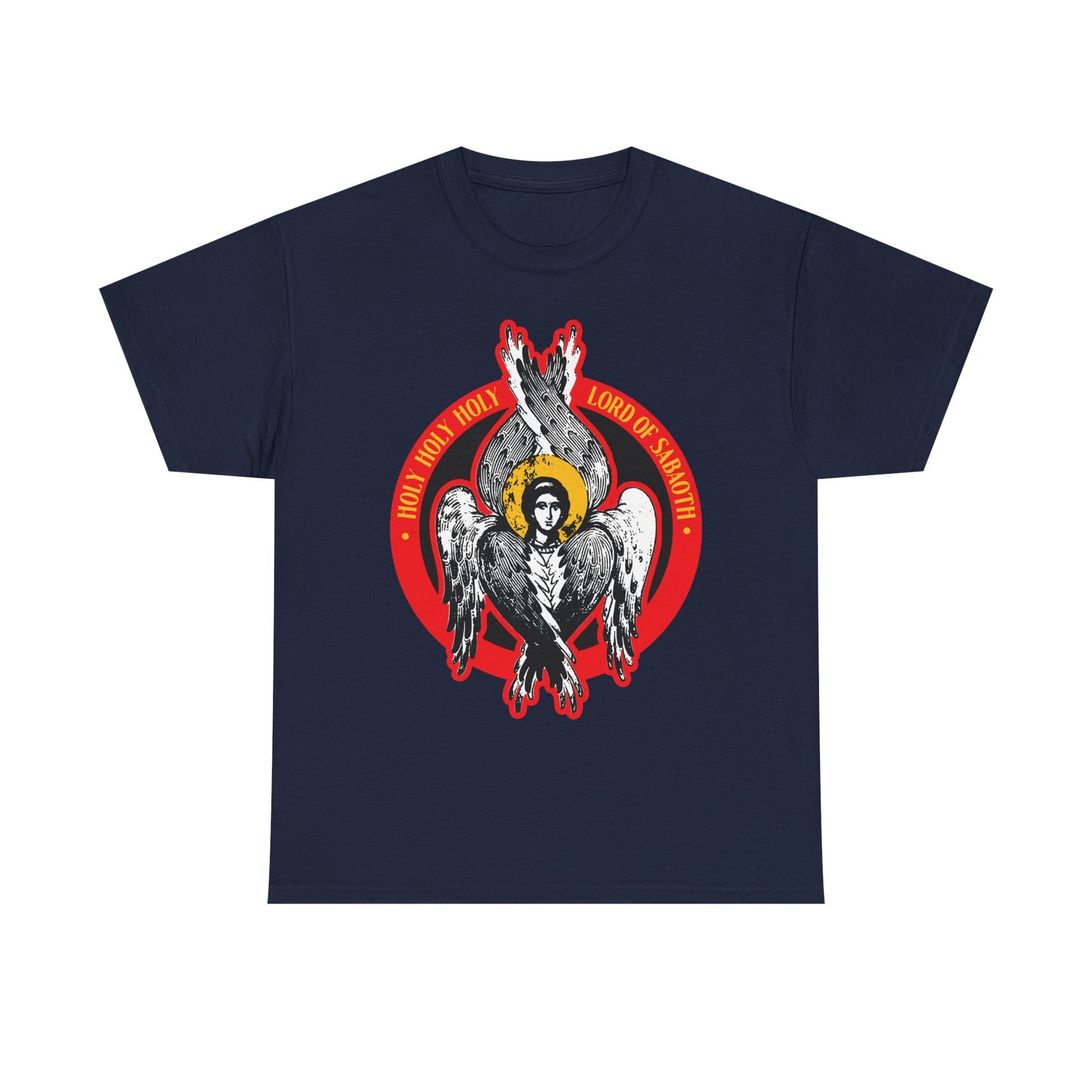 Navy heavy cotton t-shirt featuring a seraphim angel iconographic design inspired by Isaiah 6, with crossed wings, red halo, and "Holy Holy Holy, Lord of Sabaoth | Lord of Hosts" text.
