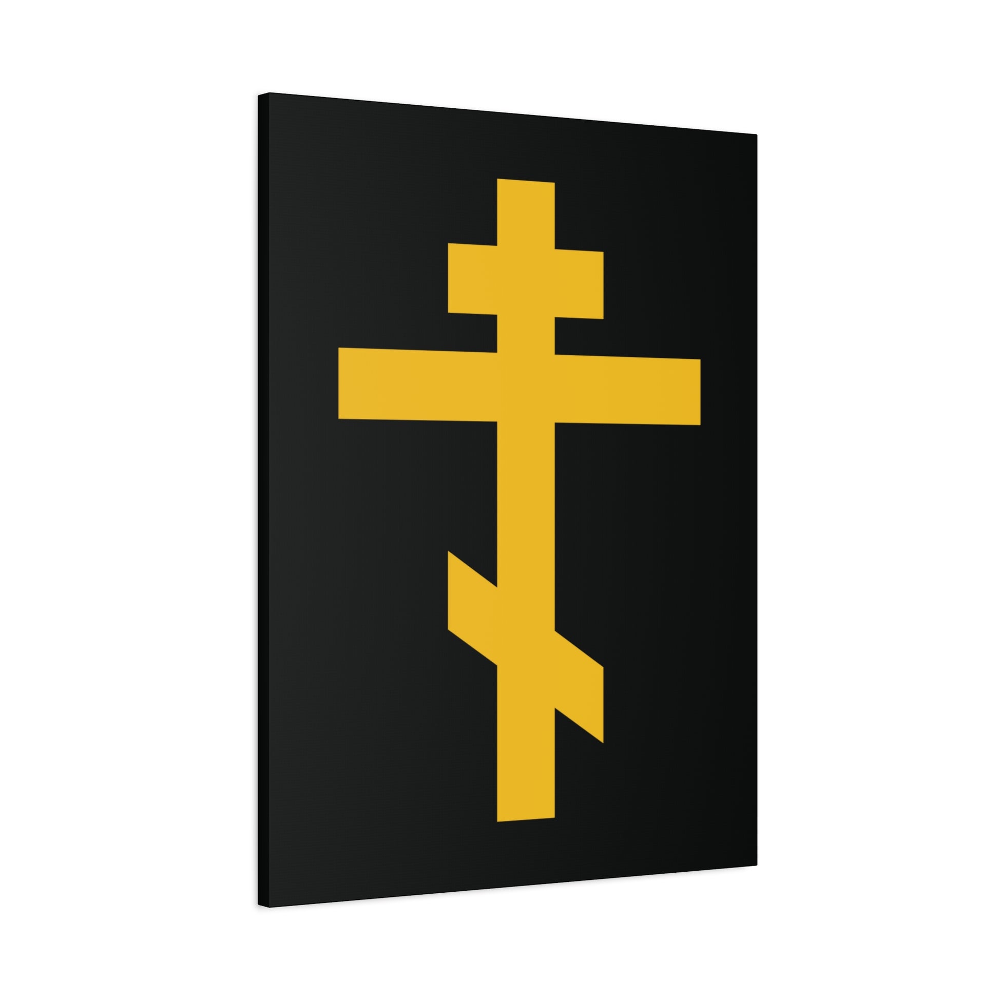The "Yellow Orthodox Cross Black Background" canvas art symbolizes spiritual warfare and victory, featuring the precious weapon of unseen warfare and scourge of demons, perfect for Orthodox homes and devotional spaces.