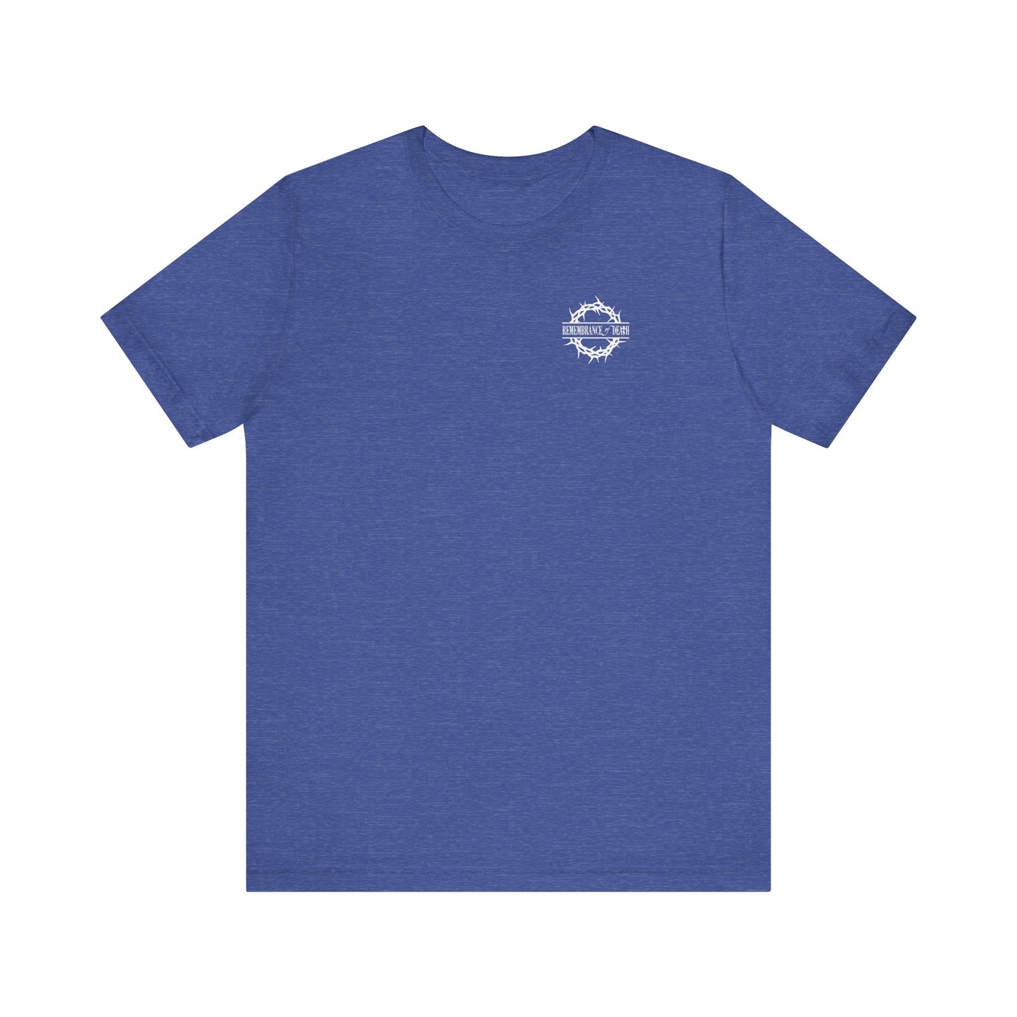 Heather True Royal t-shirt with a small branded front logo and back print, featuring Christian goth flower cross & skull, themed "Dead to this World." Lightweight cotton unisex tee.