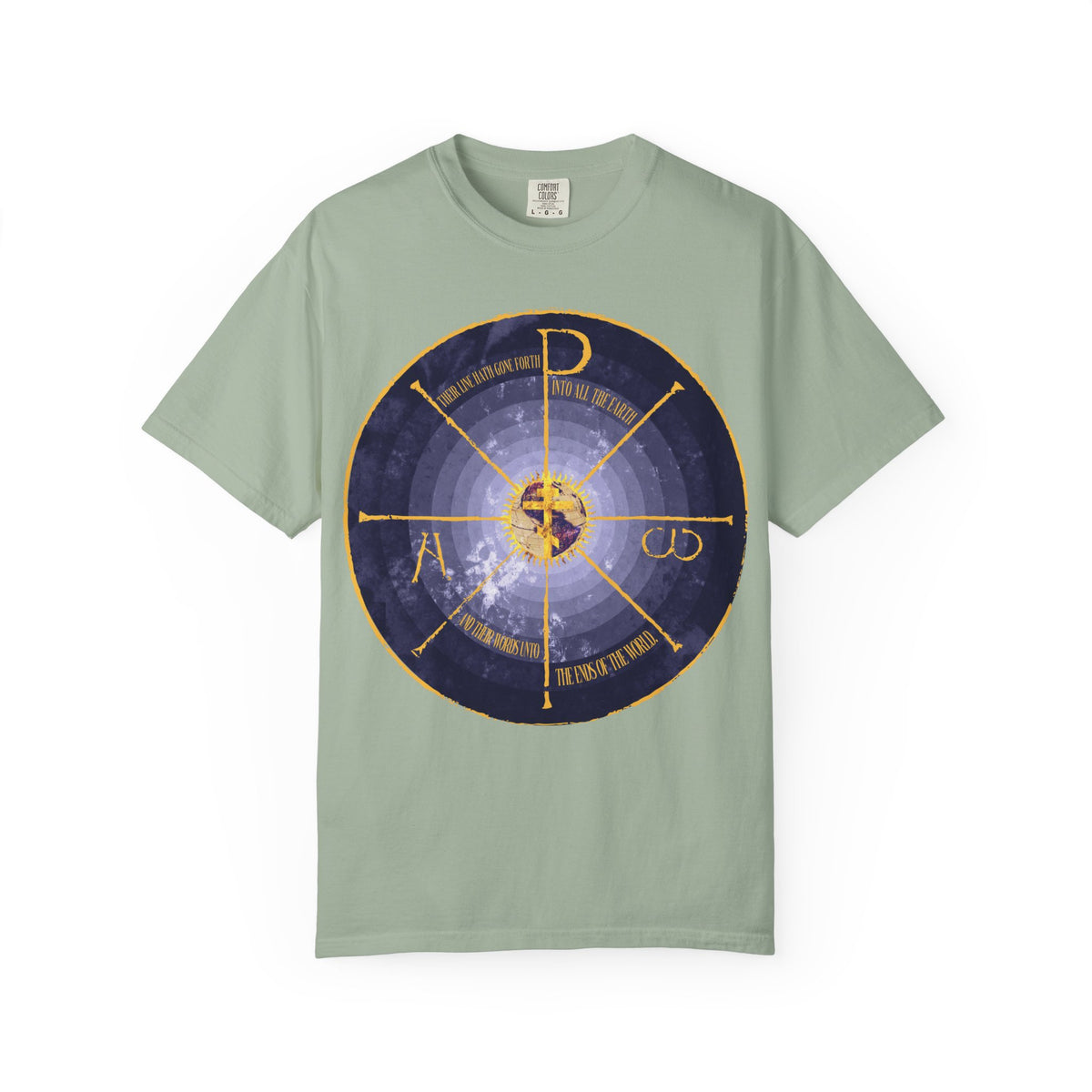 Sure! Here’s a rewritten version using your product data: Bay-colored heavyweight cotton unisex tee featuring a medieval-style graphic of the Geocentric Cross and Chi Rho Christogram, accented with Alpha and Omega symbols in blue and yellow on the front.