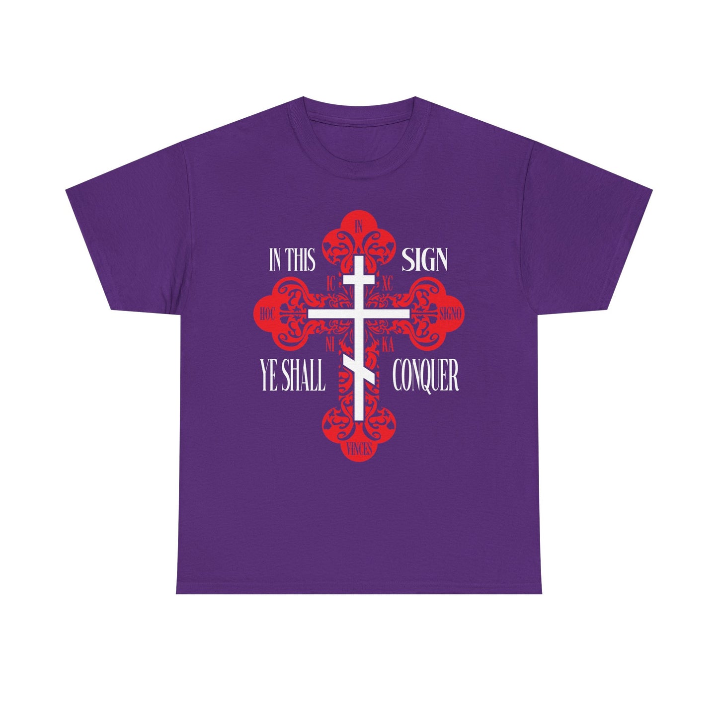 Purple "In This Sign Ye Shall Conquer" t-shirt with a red ornate Orthodox Cross, ICXC NIKA, and Christ Conquers—Christian heavy cotton tee inspired by "In Hoc Signo Vinces.