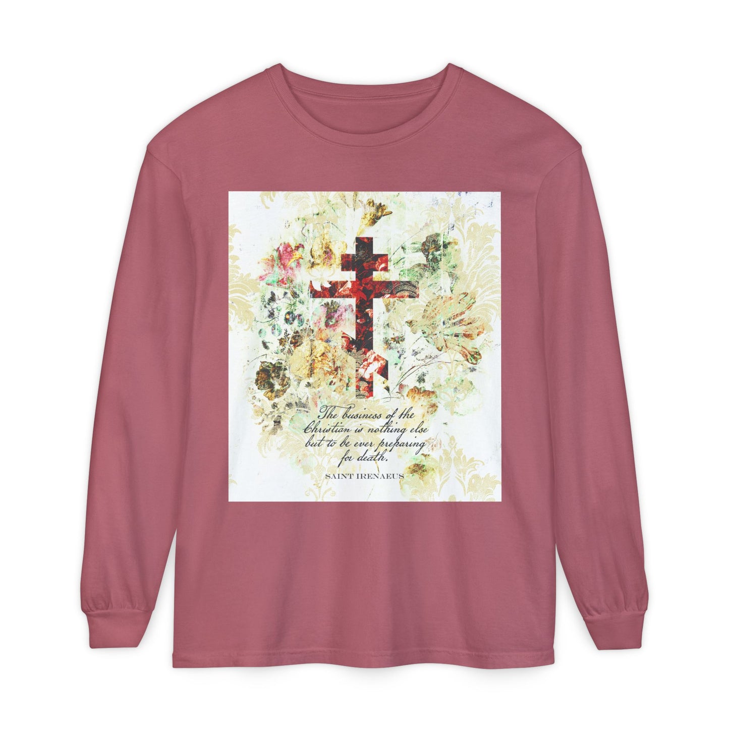 Preparing For Death | White & Beige Floral Scrapbook Texture Cross | Arts & Crafts Style | St Irenaeus | Orthodox Christian Long Sleeve Shirt