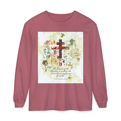 Preparing For Death | White & Beige Floral Scrapbook Texture Cross | Arts & Crafts Style | St Irenaeus | Orthodox Christian Long Sleeve Shirt