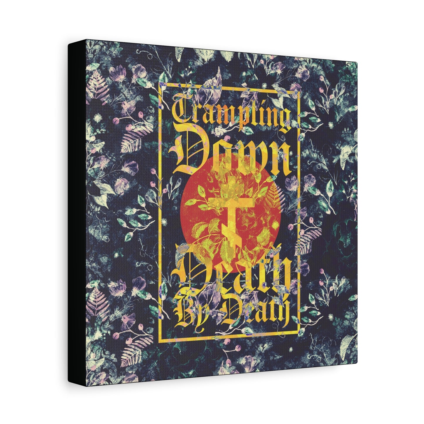 Trampling Down Death By Death | Paschal Floral Design with Gothic Script and Three-Bar Cross | Orthodox Christian Canvas Art
