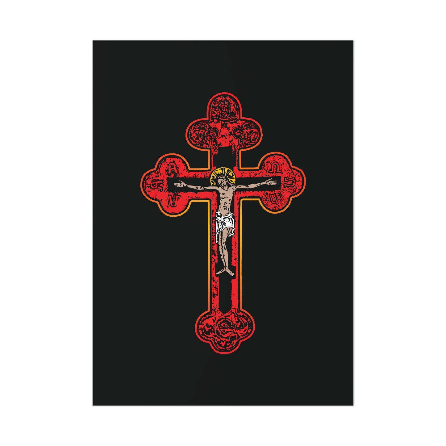 Red Orthodox Christian Crucifix | Byzantine Golgotha Cross | Alpha & Omega | I Am Crucified With Christ | Orthodox Art Poster