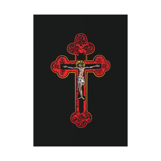 Red Orthodox Christian Crucifix | Byzantine Golgotha Cross | Alpha & Omega | I Am Crucified With Christ | Orthodox Art Poster