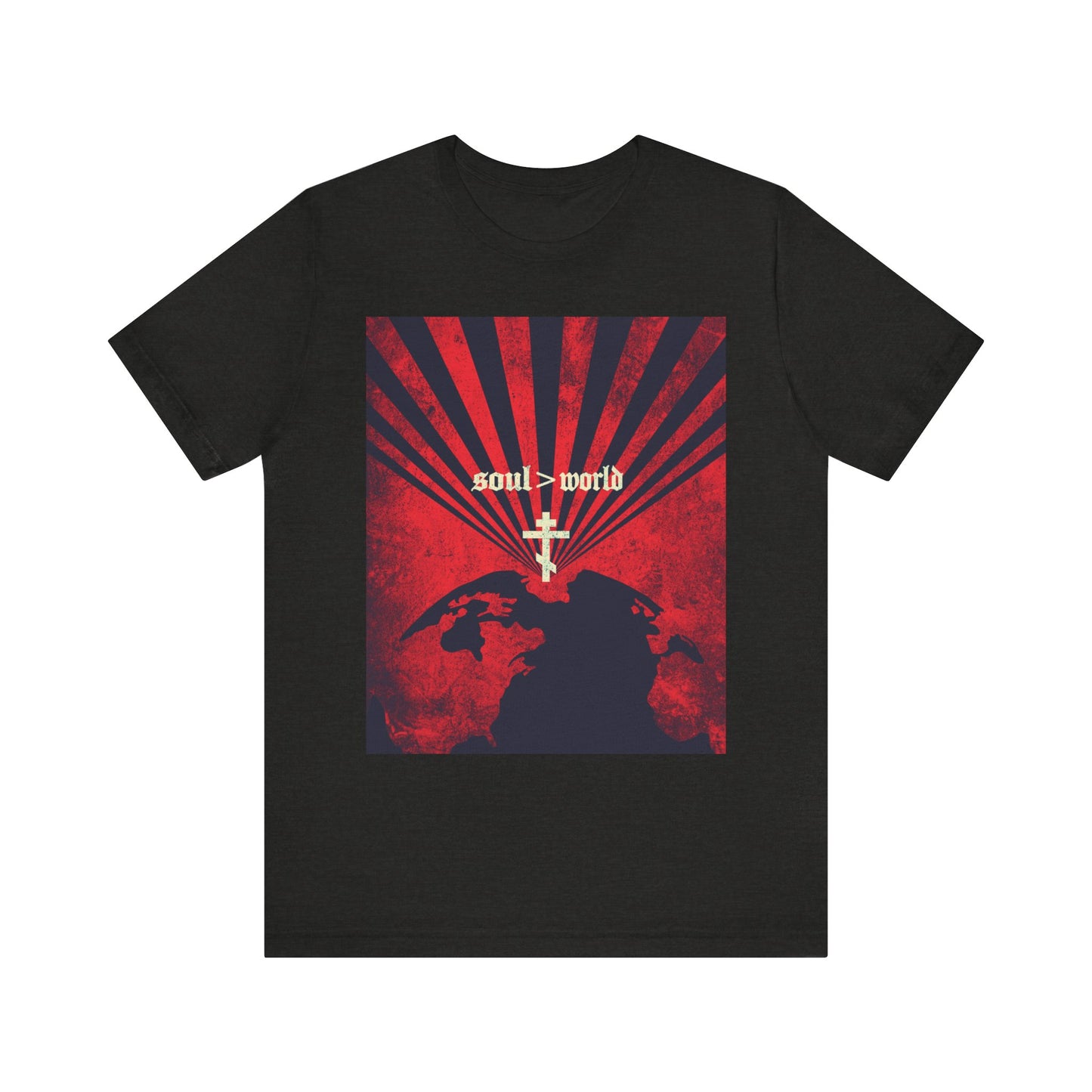 Black Heather tee featuring a striking red earth design, white cross, and “Soul > World” text—a lightweight cotton unisex shirt inspired by Matthew 16:26 and the message: What Shall it Profit a Man?.