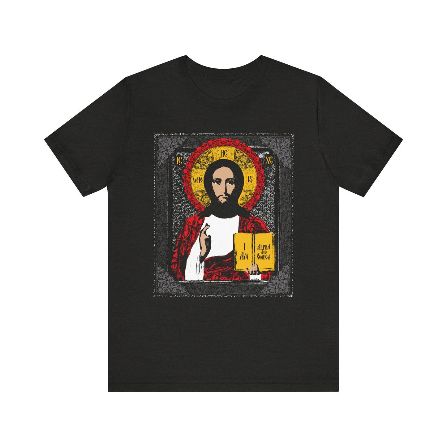 Black Heather tee with a Christ Pantocrator icon, "He-Who-Is" text, and "I Am the Alpha and Omega" graphic—an ancient-inspired, lightweight cotton unisex shirt featuring Jesus holding a book and raising his right hand in blessing.