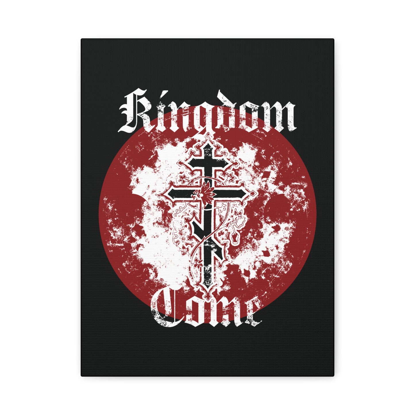 The "Kingdom Come" Orthodox Christian canvas art features a cross with vine details over a red circle, accented by textured gothic font inspired by the Lord's Prayer.