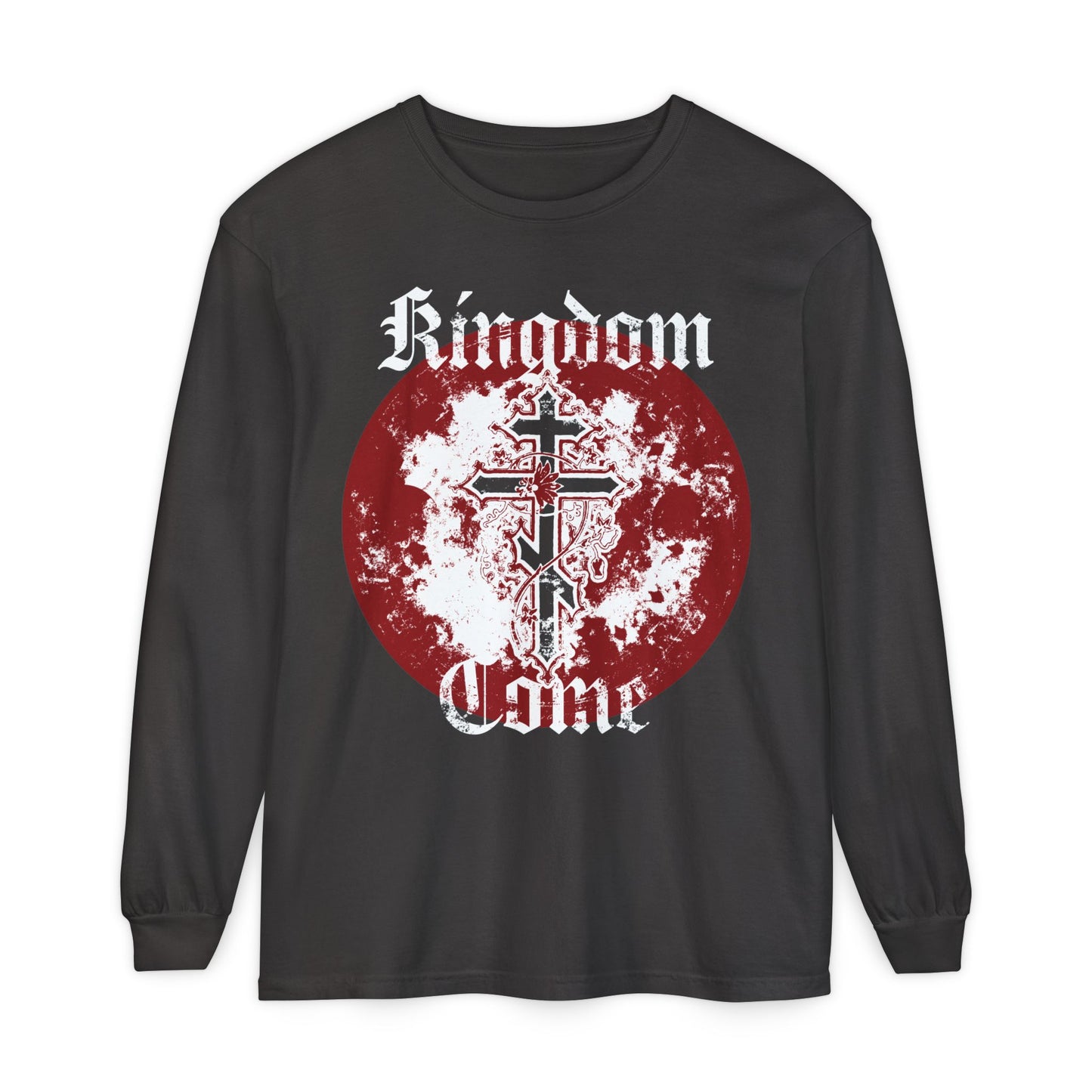 Kingdom Come | Lord's Prayer | Orthodox Cross with Vine | Textured Gothic Font | Orthodox Long Sleeve Cotton Shirt