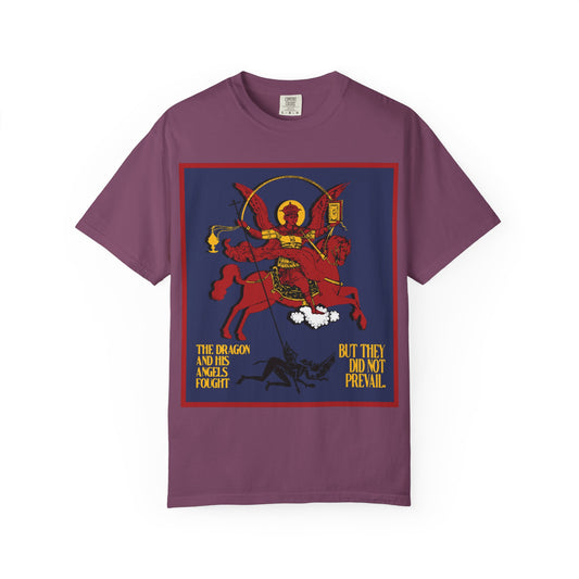 Berry-colored heavyweight cotton unisex tee featuring an iconographic image of Archangel Michael defeating Satan the dragon, with the text: “The dragon and his angels fought...” Inspired by the apocalyptic tale from Revelation 12:7-8.