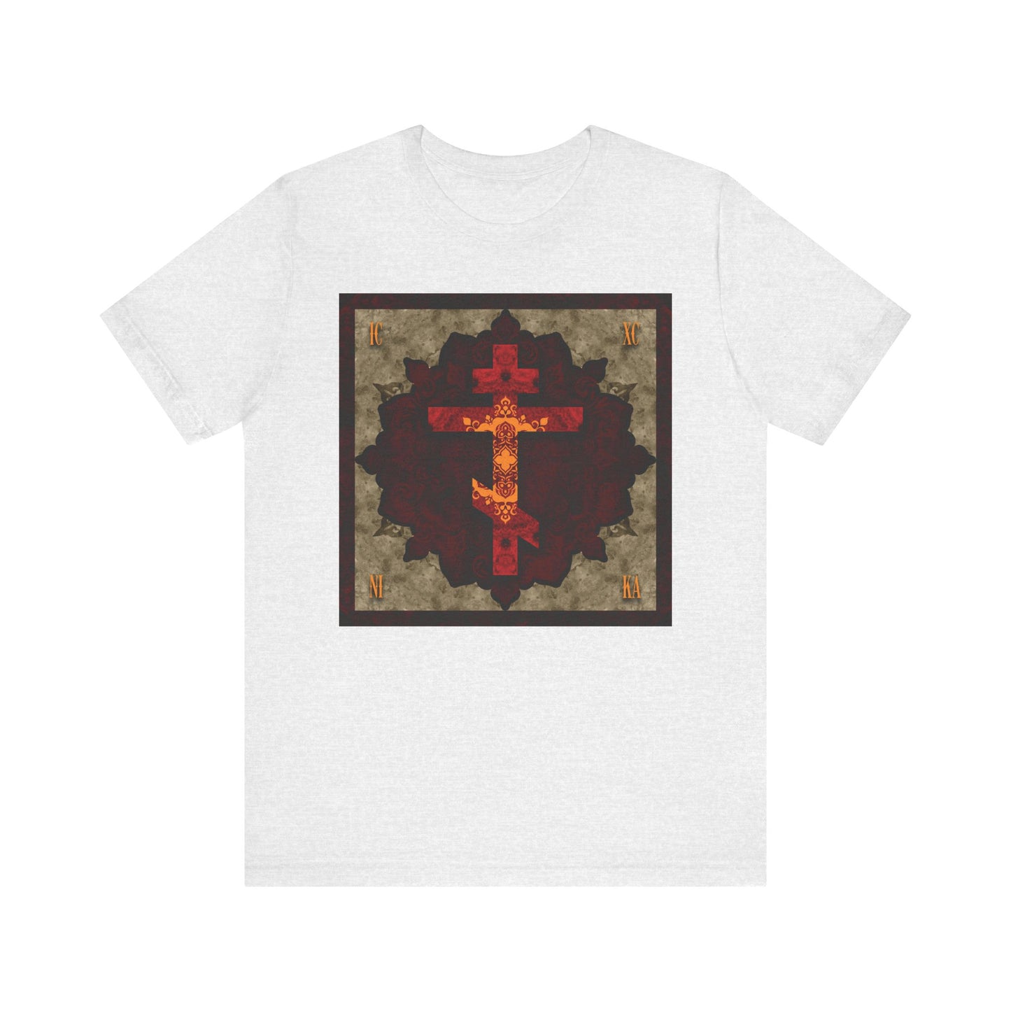 Ash t-shirt featuring an artistic textured red and gold Russian cross with ornate patterns in the center, inspired by Orthodox Christian virtues and reflecting humility and the legacy of St. John of Shanghai and San Francisco; ICXC NIKA Lightweight Cotton Unisex T-Shirt.